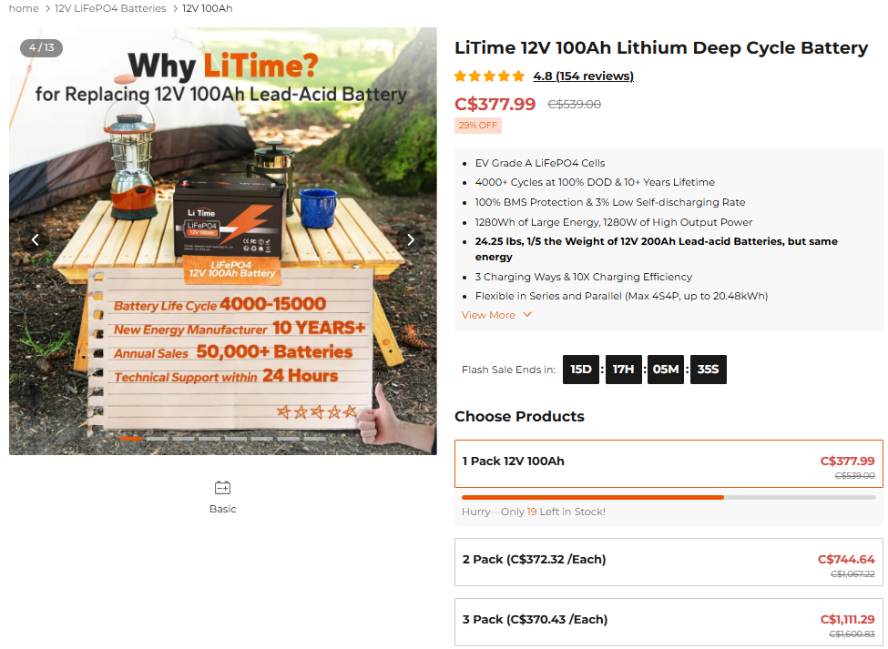 LiTime 12V 100Ah Lithium Deep Cycle Battery