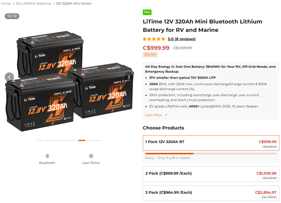 LiTime 12V 320Ah Mini Bluetooth Lithium Battery for RV and Marine