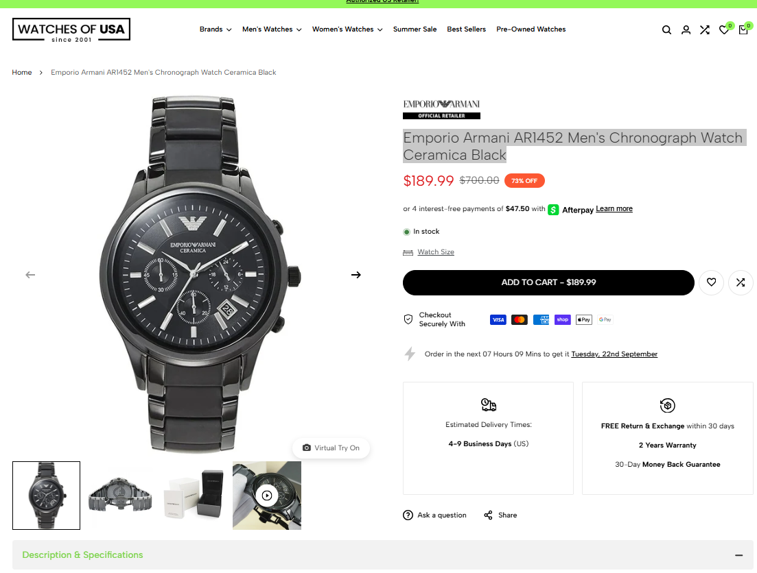 Emporio Armani AR1452 Men's Chronograph Watch Ceramica Black 