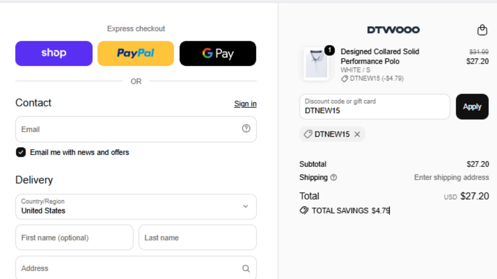 DTWOOO checkout showing DTNEW15 reducing the $31.99 Polo sale price to $27.20
