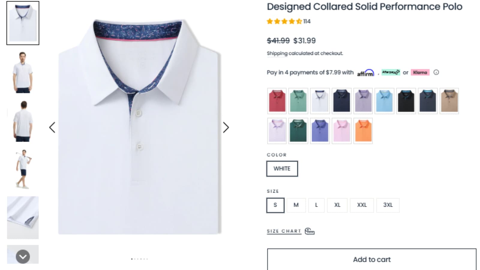 DTWOOO Designed Collared Solid Performance Polo product page showing a sale price of $31.99 instead of $41.99