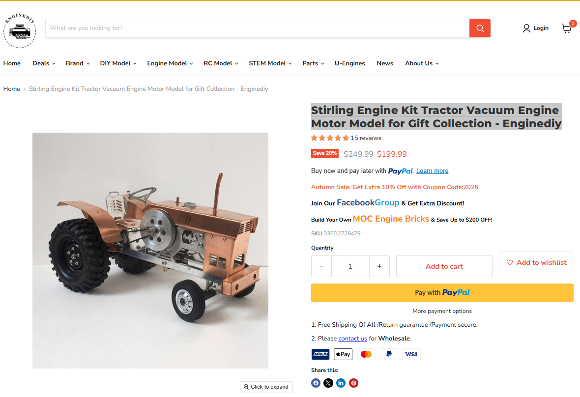 Stirling Engine Kit Tractor Vacuum Engine Motor Model for Gift Collection - Enginediy 