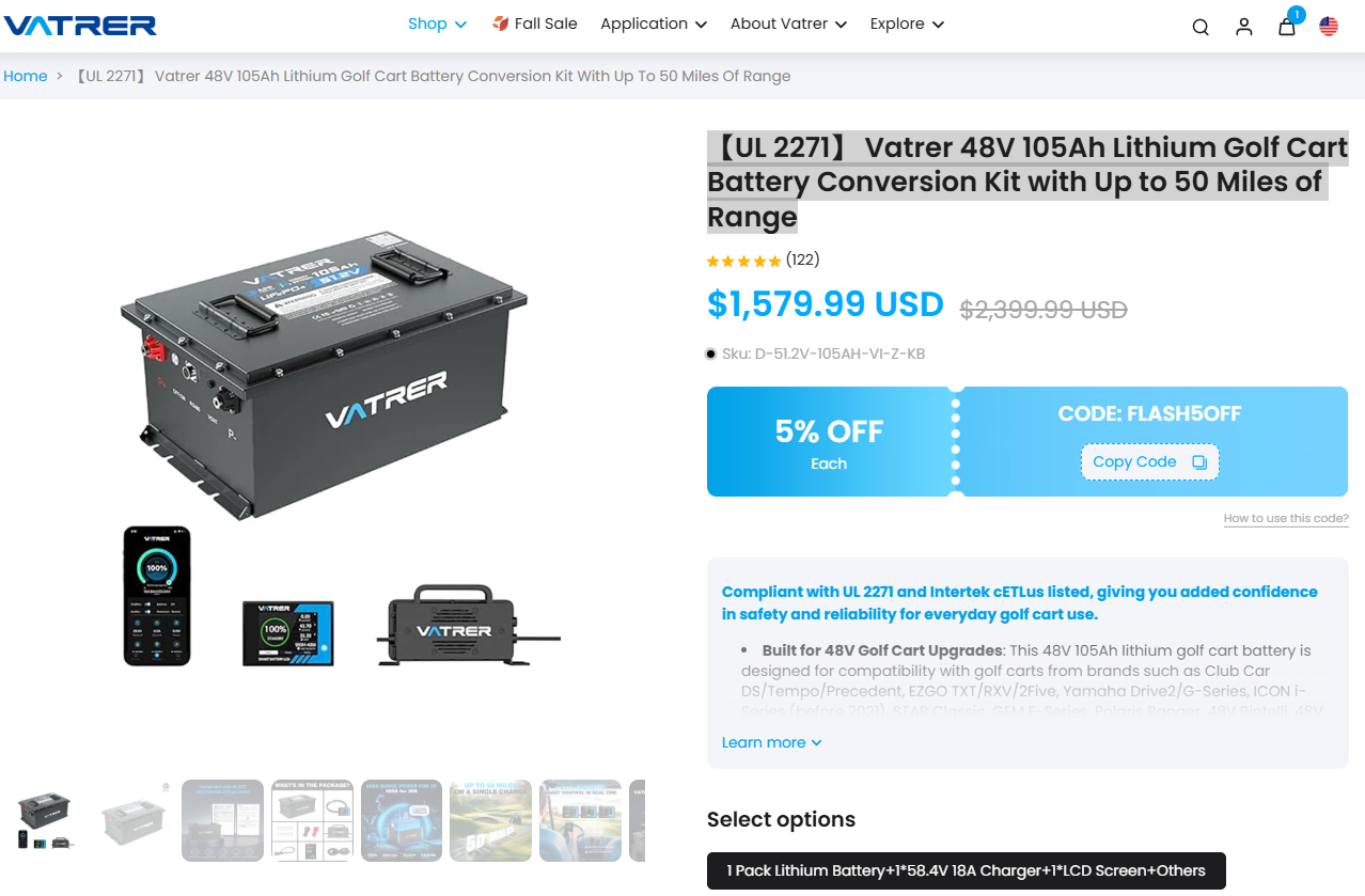 【UL 2271】 Vatrer 48V 105Ah Lithium Golf Cart Battery Conversion Kit with Up to 50 Miles of Range