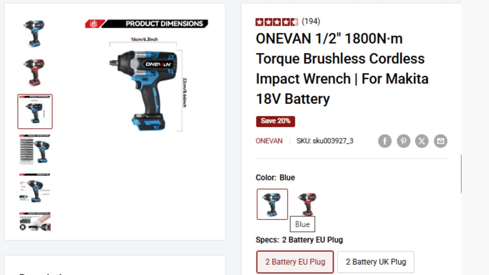 ONEVAN 1800NÂ·m Impact Wrench product page showing the blue 2 Battery EU Plug option