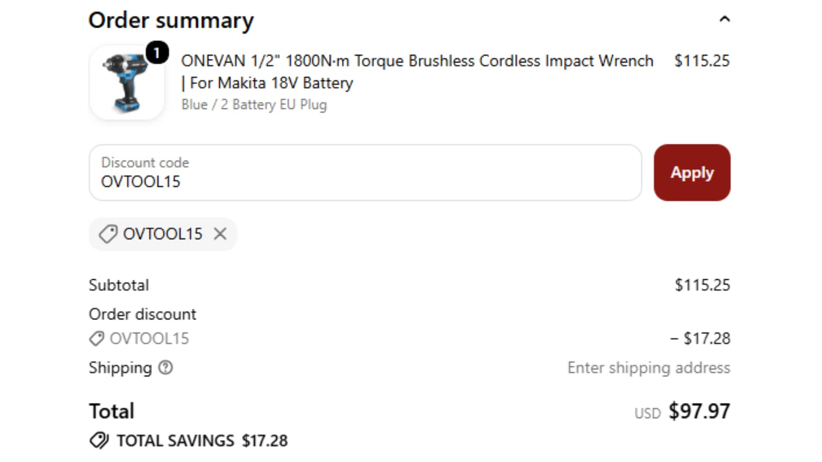 ONEVAN checkout showing OVTOOL15 reducing one eligible item by 15 percent