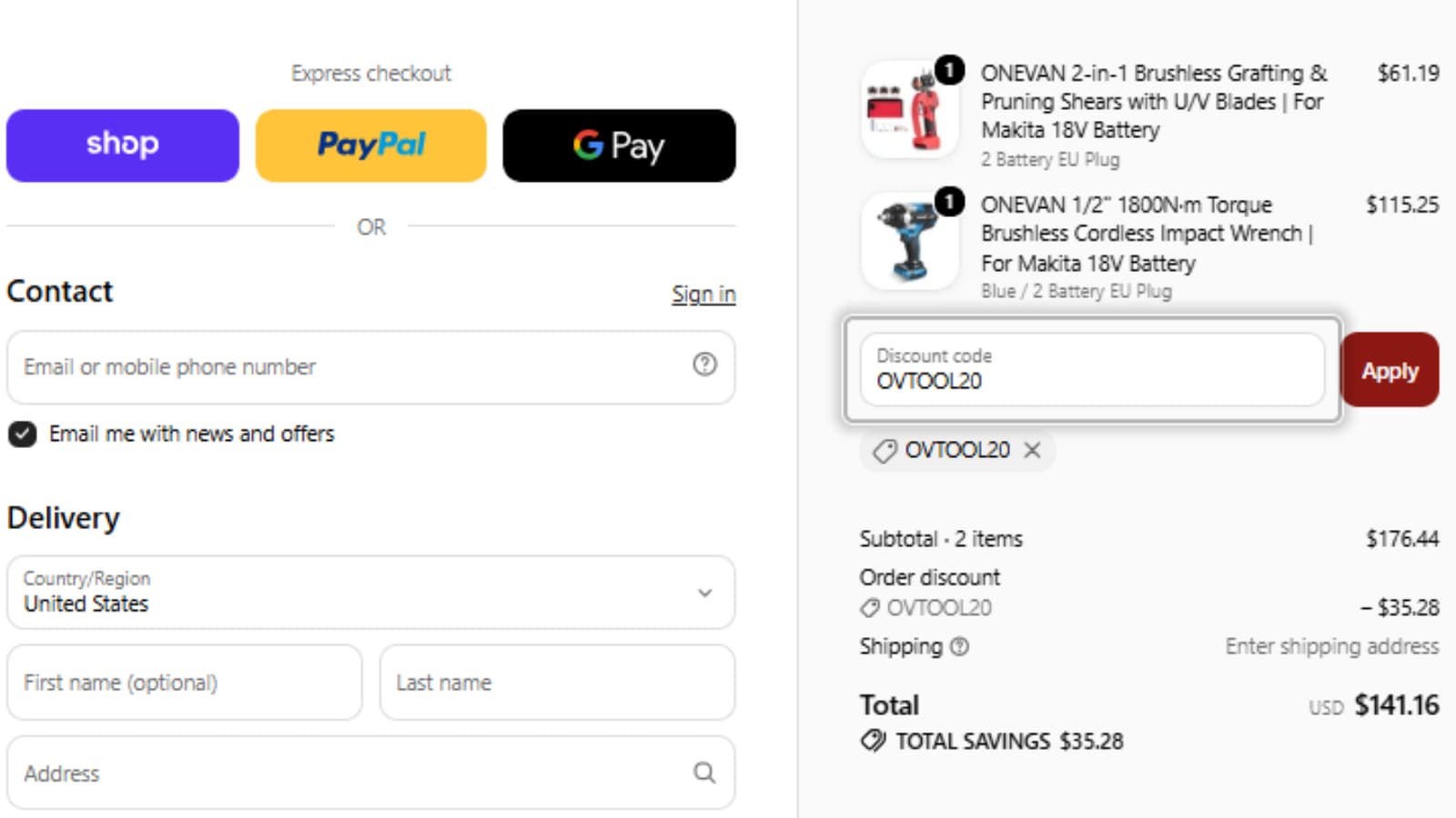 ONEVAN checkout showing OVTOOL20 reducing two eligible items by 20 percent
