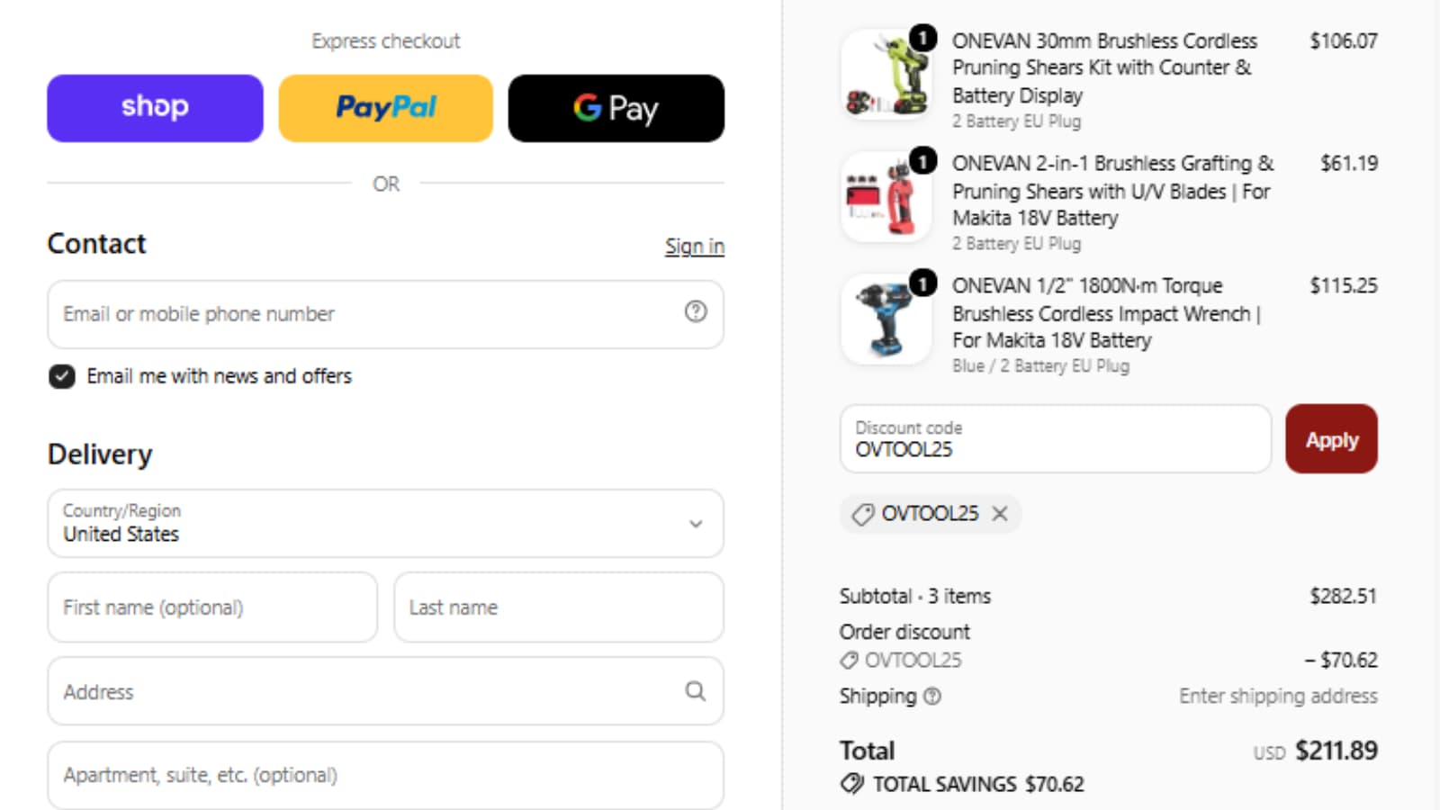 ONEVAN checkout showing OVTOOL25 reducing three eligible items by 25 percent