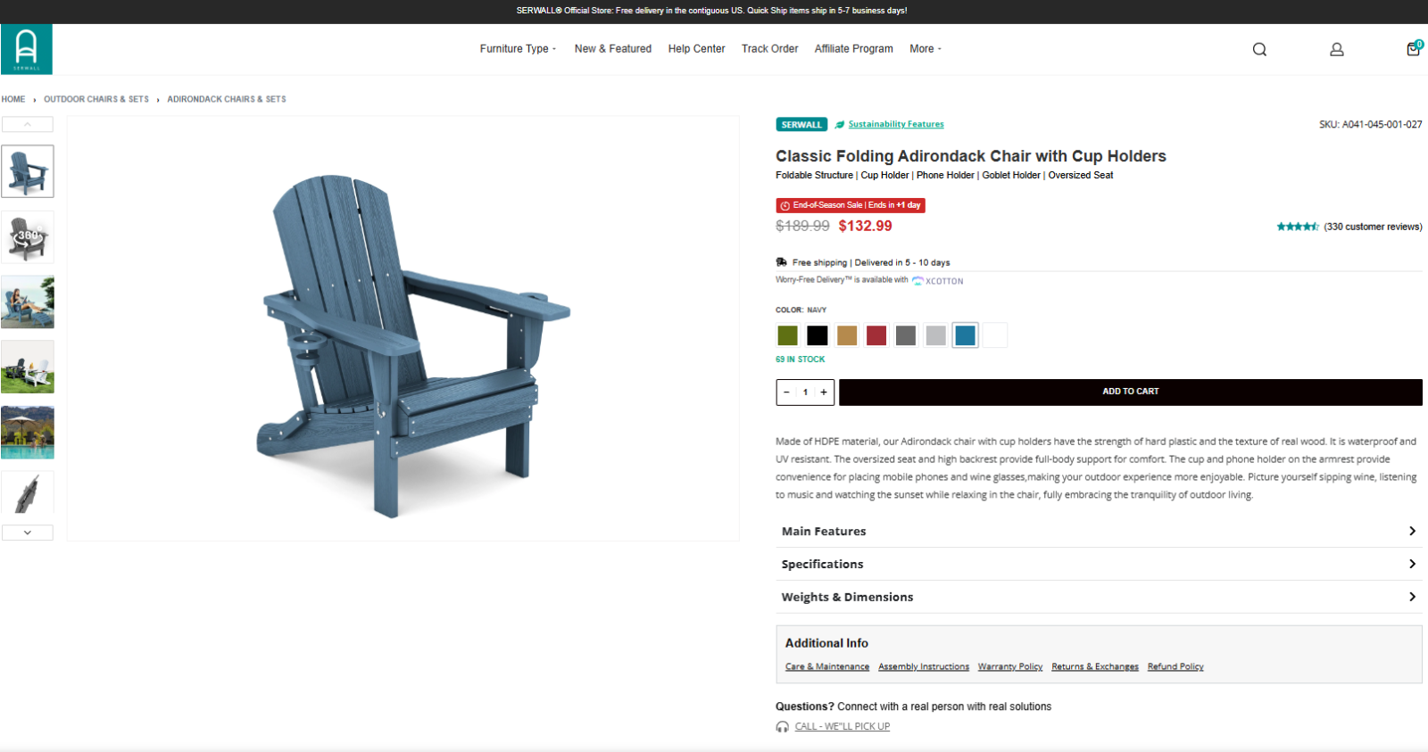 Classic Folding Adirondack Chair with Cup Holders
