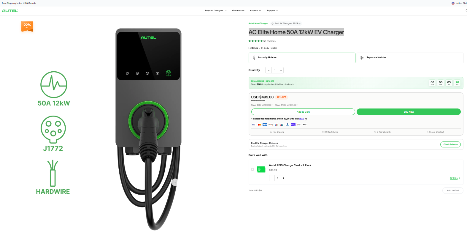 AC Elite Home 50A 12kW EV Charger