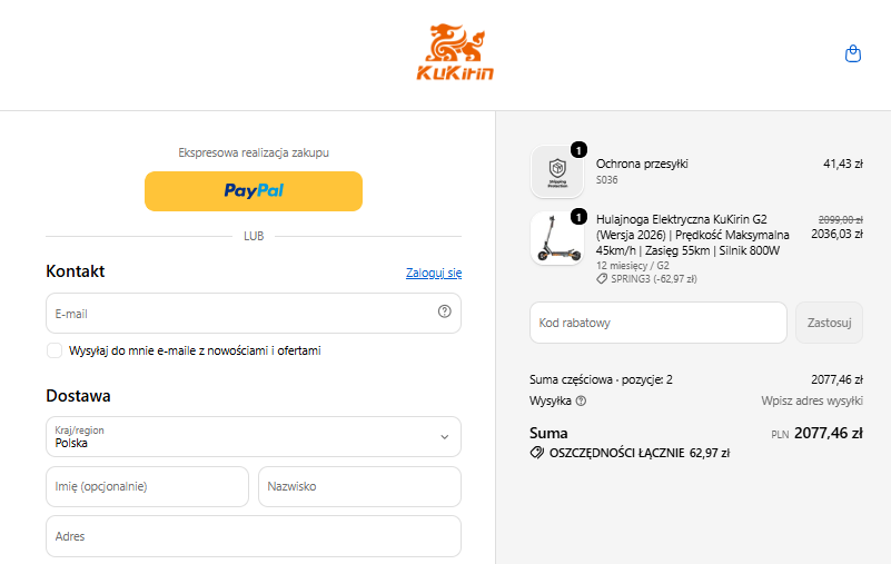 Kasa KuKirin pokazująca kod SPRING3 i rabat 62,97 zł na model G2 2026