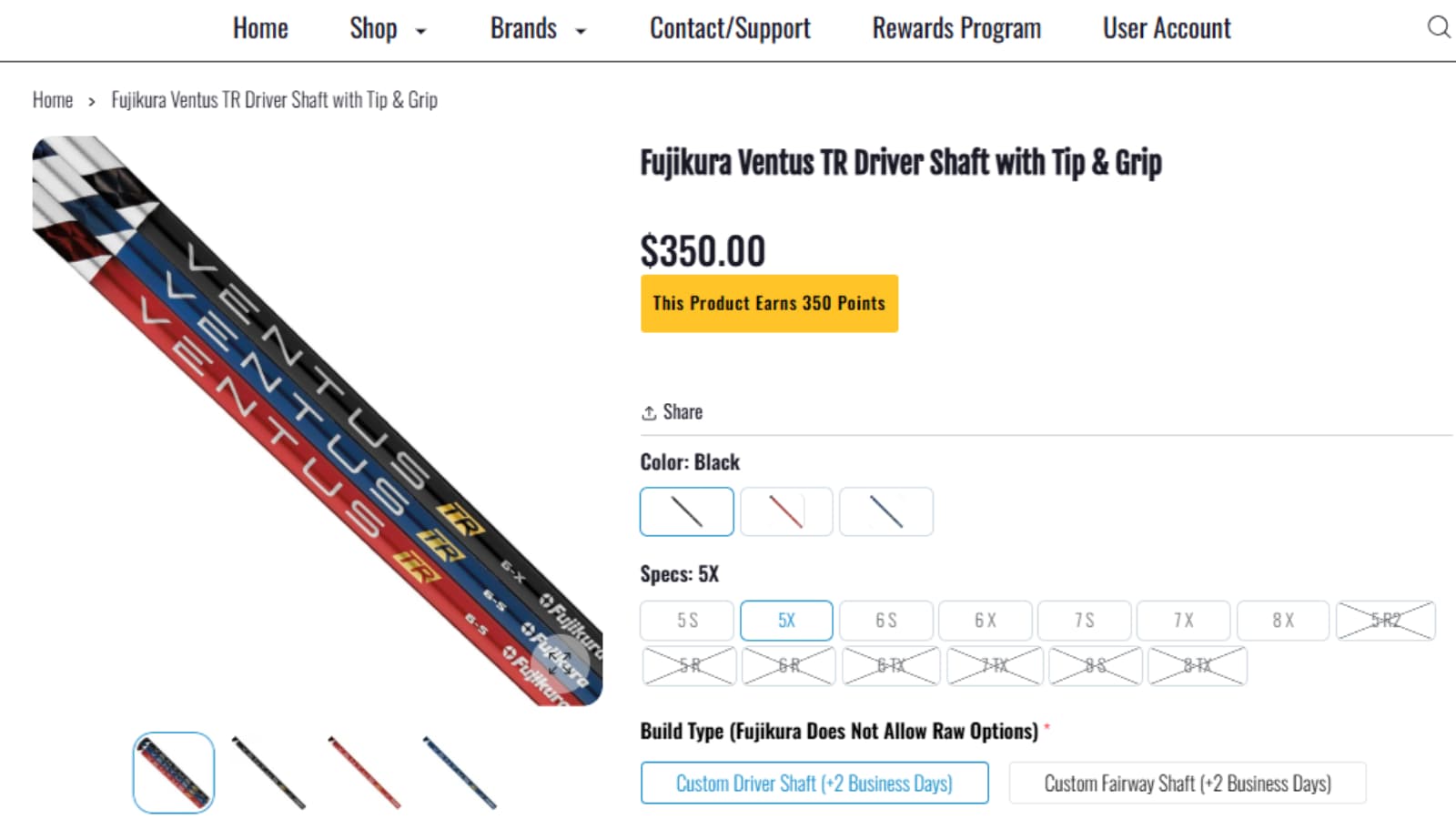 Fujikura Ventus TR Driver Shaft product page showing a $350.00 price