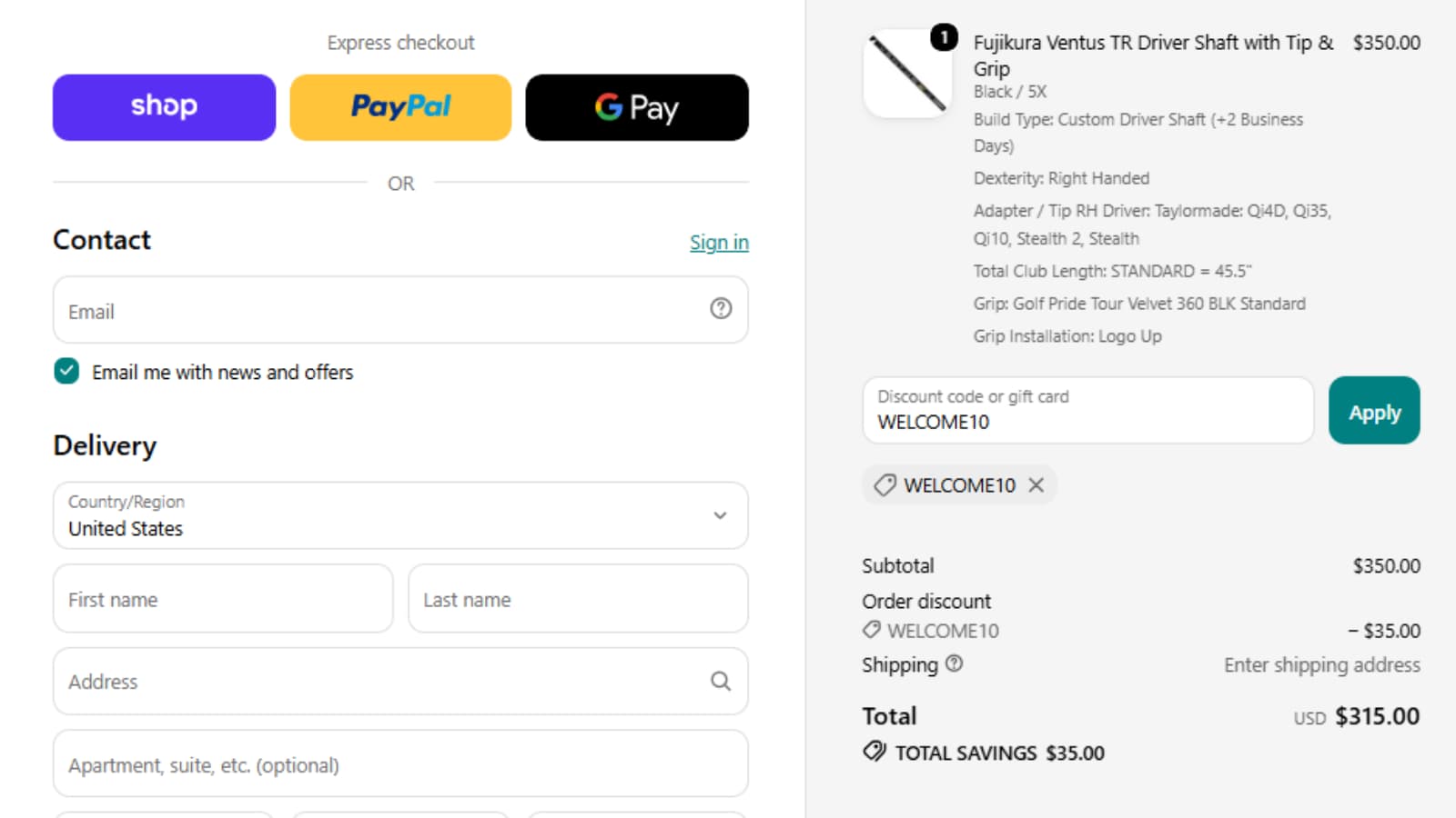 Shaftopia checkout showing WELCOME10 reducing a $350.00 Fujikura shaft to $315.00